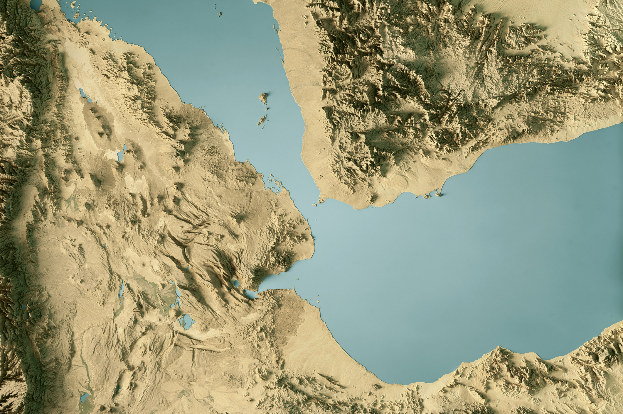 3D Render of a Topographic Map of the Bab Al-Mandab Strait, Red Sea, Gulf of Aden. 
All source data is in the public domain.
Color and Water texture: Contains modified Copernicus Sentinel data (2021, 2025) courtesy of ESA.
URL of source image: https://dataspace.copernicus.eu/explore-data/data-collections/sentinel-data/sentinel-2
Relief texture: SRTM data courtesy of NASA JPL (2020). URL of source image:
https://lpdaac.usgs.gov/products/srtmgl1v003/